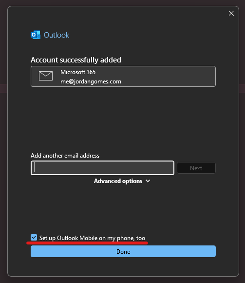 the Outlook Account Successfully added screen with the Setup Outlook on my phone, too checkbox underlined
