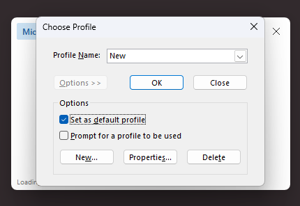the Outlook Choose Profile dialog with set as default profile checked
