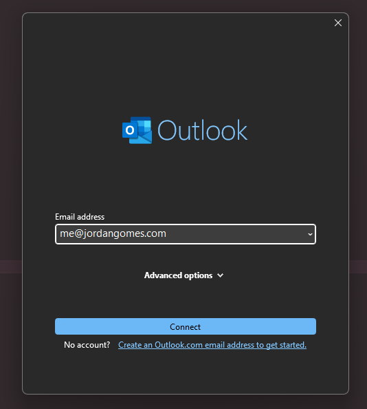the Outlook Login Screen with an email address typed in and a connect button