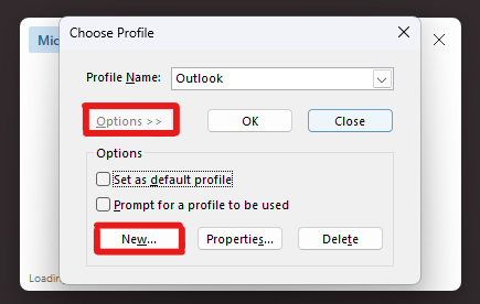the Outlook Choose Profile dialog with Options and new highlighted