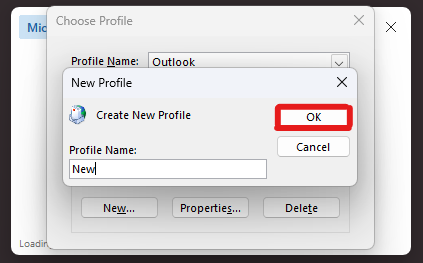 the Outlook New Profile dialog with the word new in the profile name field and the OK button higlighted